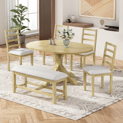 TOPMAX Farmhouse 6-Piece 60inch Extendable Pedestal Dining Table Set with 18inch Removable Leaf, 44inch Bench and 4 Ladder Back Dining Chairs, Natural+Beige(OLD SKU:SP000060AAA) image 1