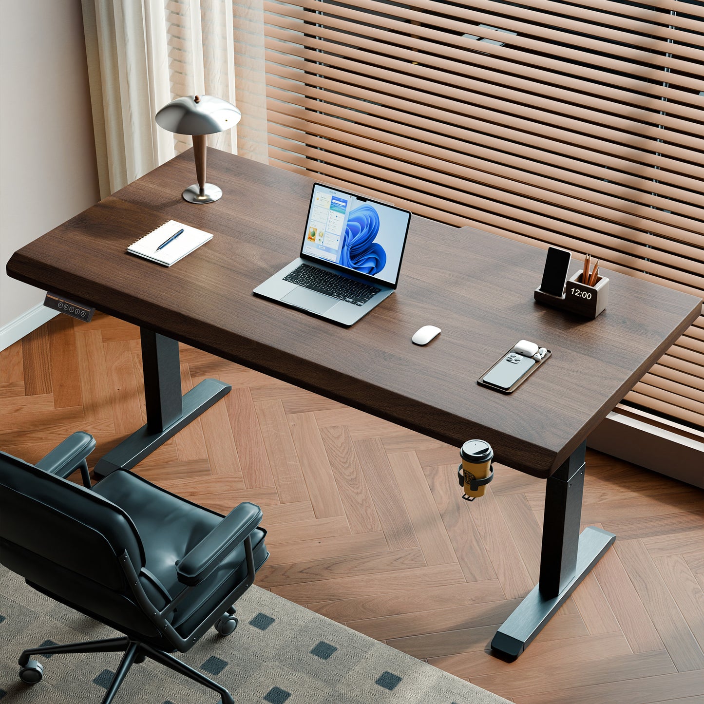 Solid Rubberwood Electric Standing Desk, Adjustable Height Sit Stand Desk with Single Motor, Ergonomic Home Office Desk with 2-Tier Legs image 3