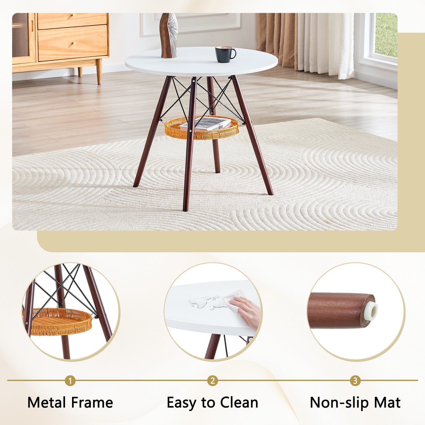 31.5-inch diameter circular dining table, white MDF vacuum formed tabletop, walnut solid wood legs, with suspended woven storage basket structure. A casual coffee table suitable for 2-4 people. image 6