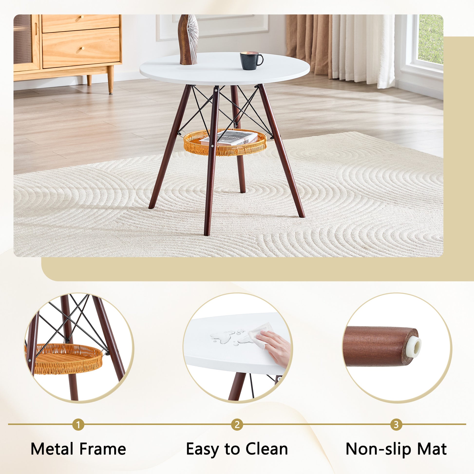 31.5-inch diameter circular dining table, white MDF vacuum formed tabletop, walnut solid wood legs, with suspended woven storage basket structure. A casual coffee table suitable for 2-4 people. image 6