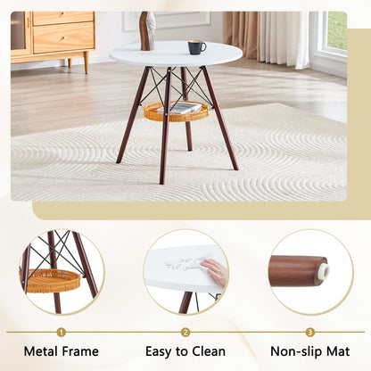 31.5-inch diameter circular dining table, white MDF vacuum formed tabletop, walnut solid wood legs, with suspended woven storage basket structure. A casual coffee table suitable for 2-4 people. image 6