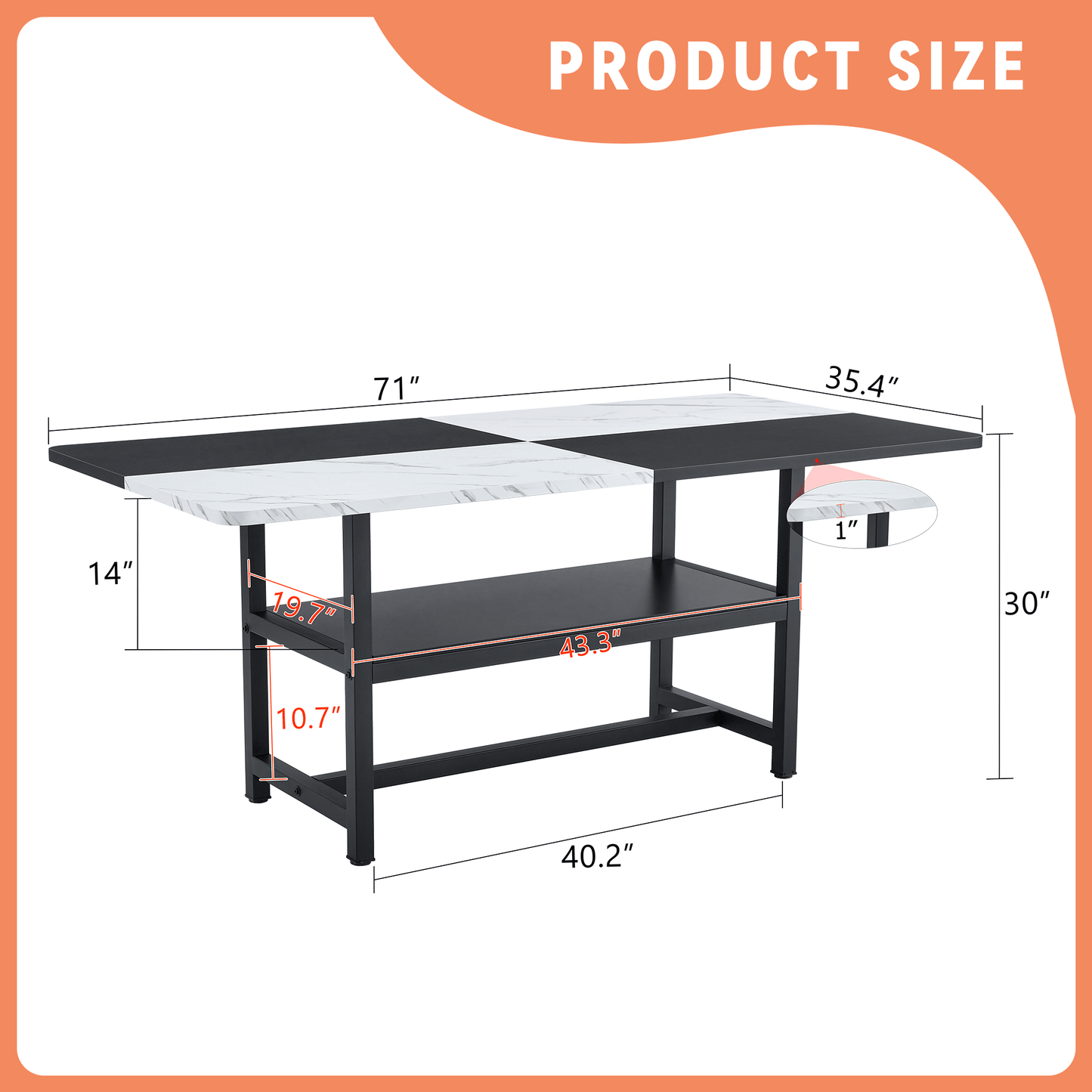 71 inch long two-color splicing fashionable dining table, a practical choice to add color to the home.Making it perfect for both family gatherings and friend parties.Black Sprayed Metal Table Legs. image 4