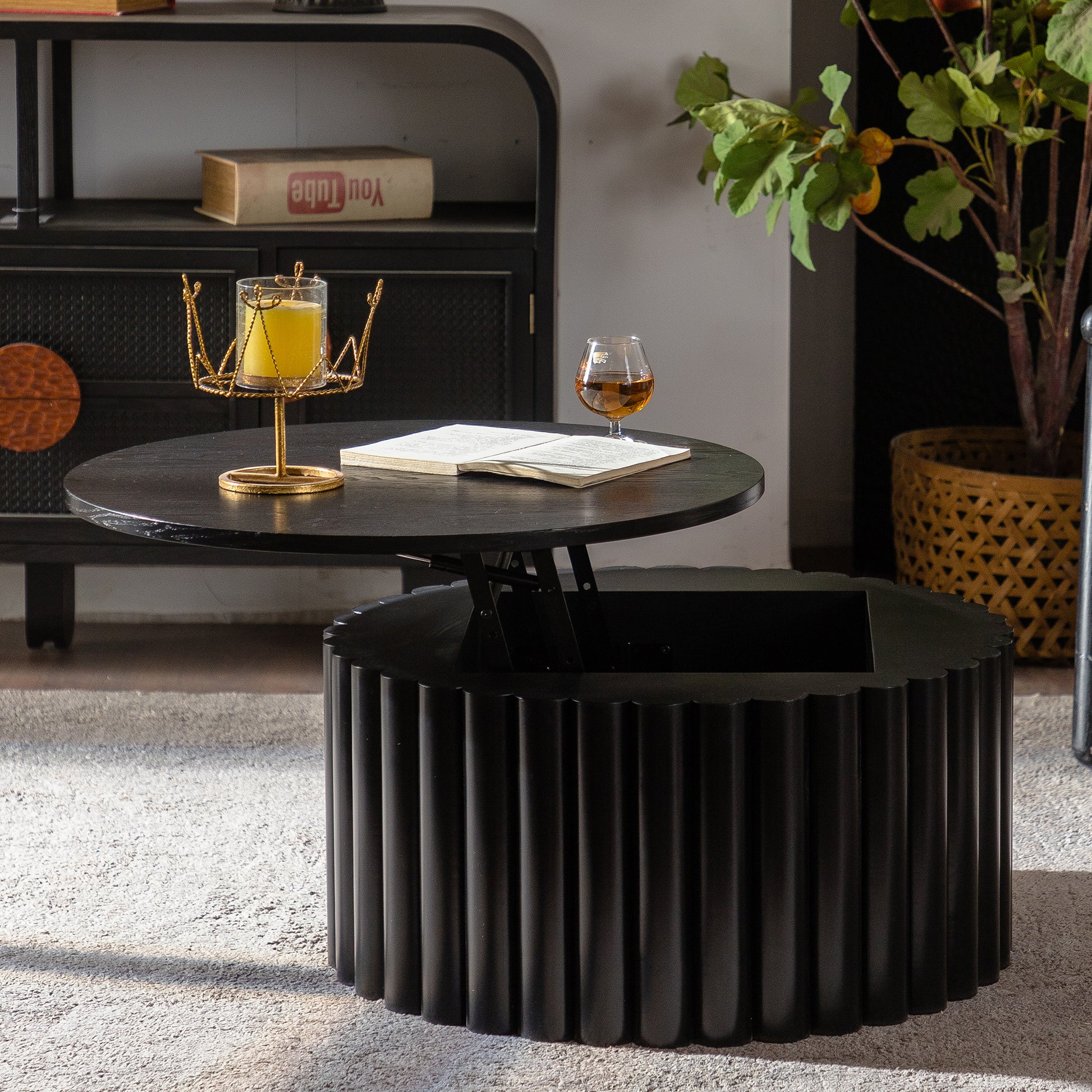 Round Coffee Table With Lift Handcrafted Relief Sturdy Pedestal Wooden Tea Table for Living Room no need to Assemble image 1