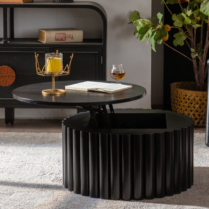 Round Coffee Table With Lift Handcrafted Relief Sturdy Pedestal Wooden Tea Table for Living Room no need to Assemble image 1