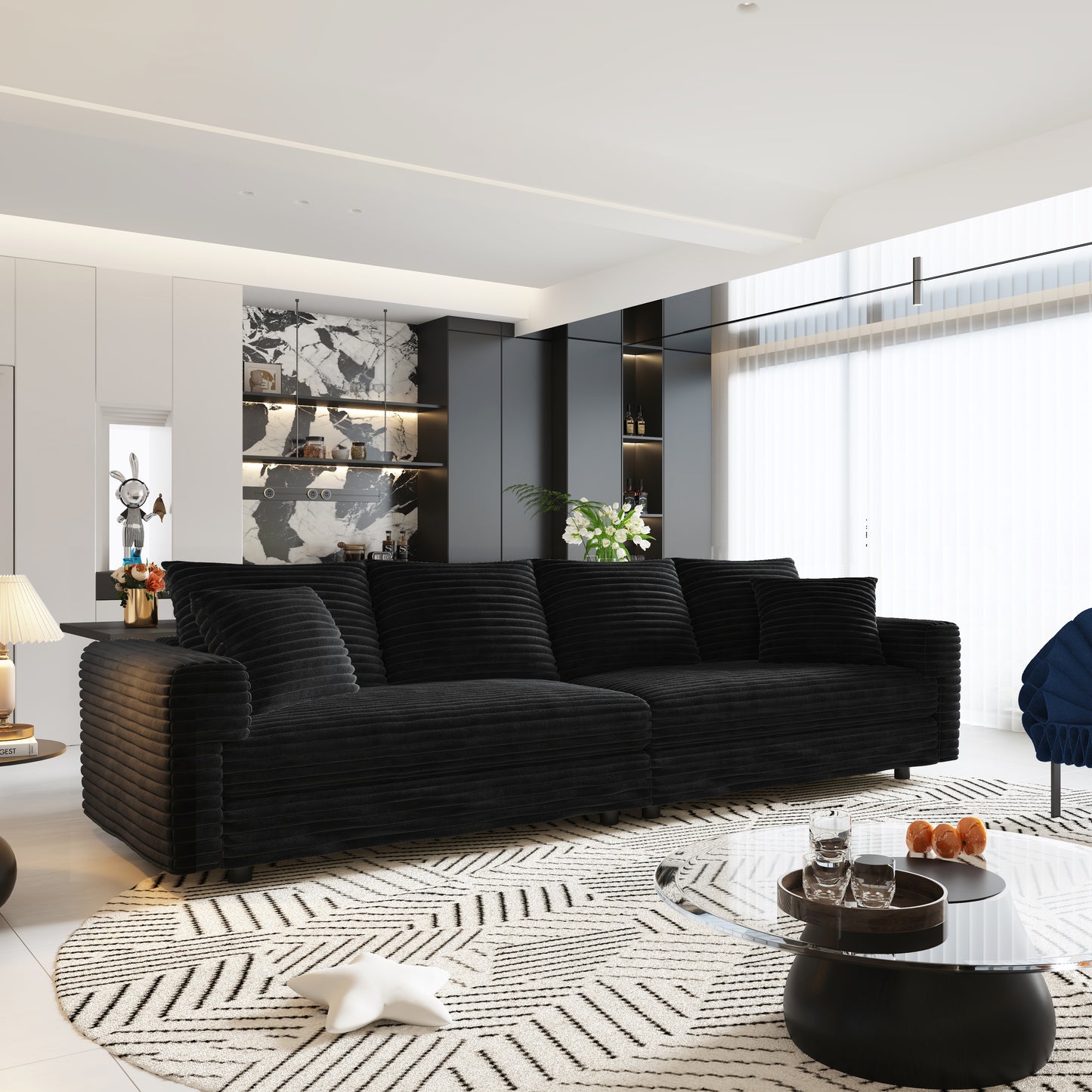 102.4 "Plush Corduroy 4-Seat Sofa,Modern Comfy Upholstered Sofa Cloud Couch,Deep Seat Couches with Soft Pillows and 3 Ottomans,Convertible Sofa Lounge Chair,Black(Old SKU:W1885S00287) image 3