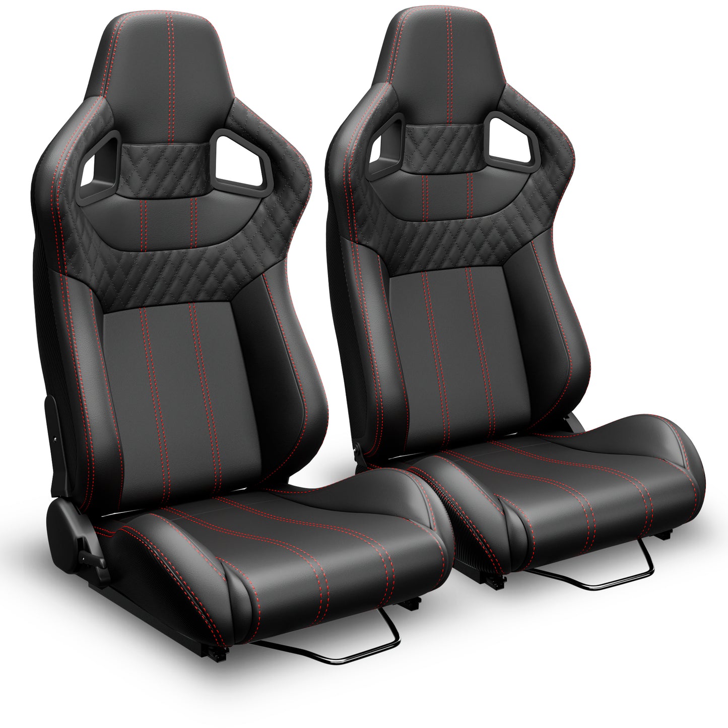 2PC Universal Bucket Racing Seats Red Stitch PVC Leather Reclinable Carbon Look Leather Back With Adjustor Slider(Not Including Seat Bracket) image 3
