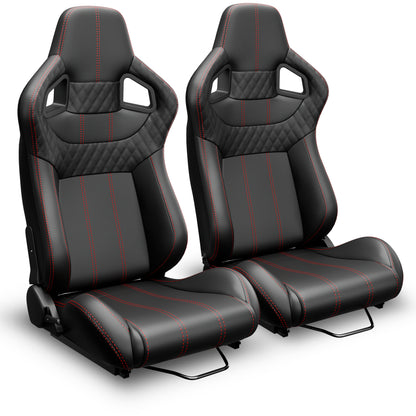 2PC Universal Bucket Racing Seats Red Stitch PVC Leather Reclinable Carbon Look Leather Back With Adjustor Slider(Not Including Seat Bracket) image 3