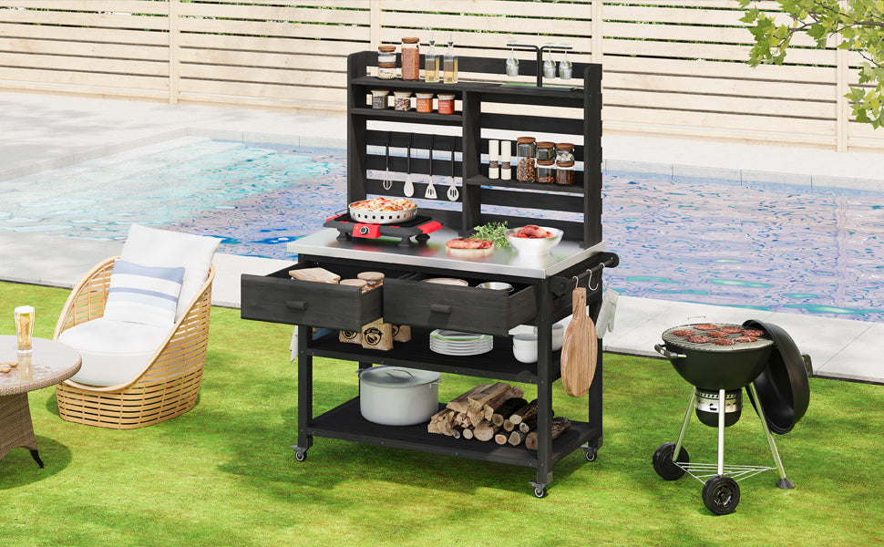 K&K 64.9"H Outdoor Potting Bench Table with Lockable Wheels, Solid Wood Outdoor Kitchen Island with Upper Hutch, Stainless Steel Top, Towel Rack,Outdoor Storage for Grilling, Lawn Garden -Black image 4