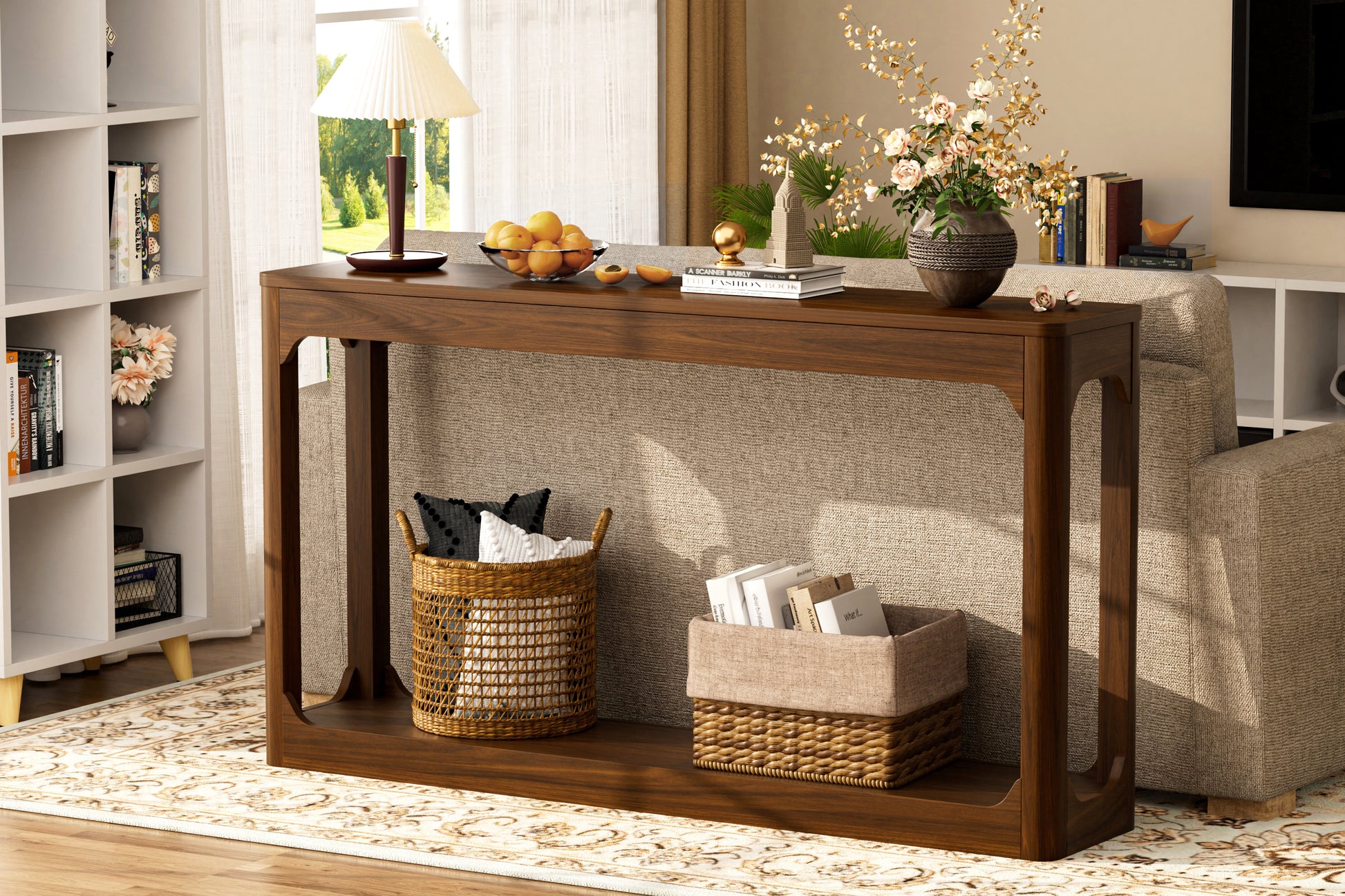 55.1-inch curved-leg storage table, ideal for entryways, slim wooden side table that can be placed behind a sofa, perfect for entryways, hallways, and doorways. Walnut,55.1"L*11.8"W*31.1"H image 6