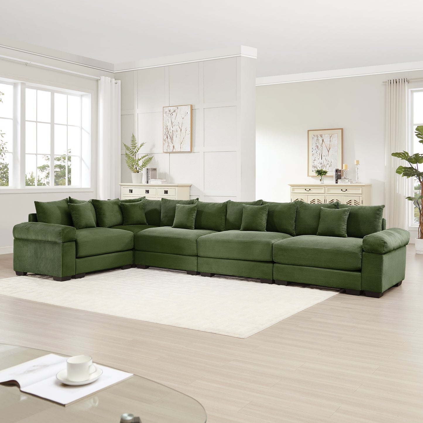Oversized Cloud Modular Sectional Couch,Convertible Sectional Couches Deep Seat Extra-Wide Armrests, 18Throw Pillows Premium Corduroy Fabric, Ergonomic Design,Easy Assembly, For Study,Green image 2