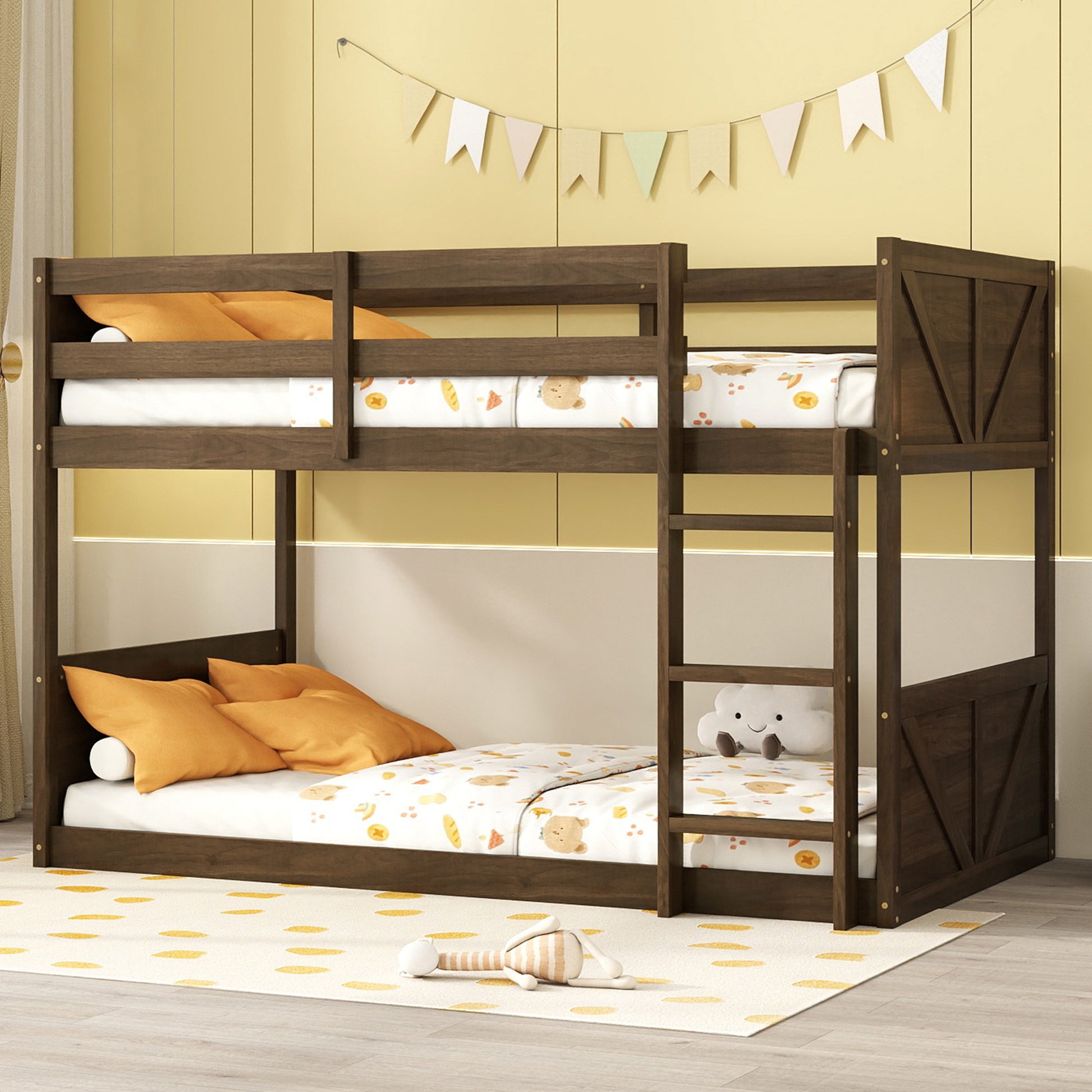 Twin over Twin Floor Bunk Bed with Panelled Headboard and Footboard, Solid Rubber Wood Foundation with Safety Guardrails, Built-in ladder,Antique Oak(Old Sku W504P263818) image 9