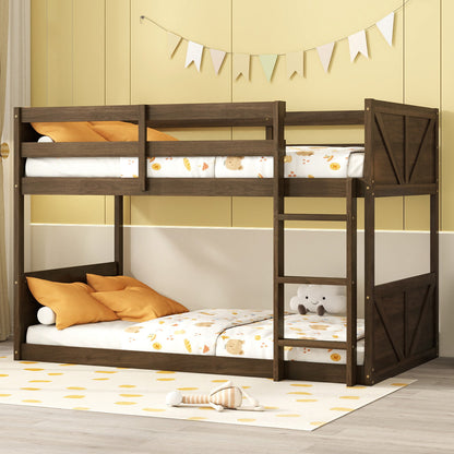 Twin over Twin Floor Bunk Bed with Panelled Headboard and Footboard, Solid Rubber Wood Foundation with Safety Guardrails, Built-in ladder,Antique Oak(Old Sku W504P263818) image 9