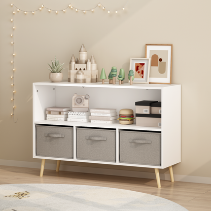 Kids bookcase with Collapsible Fabric Drawers, Children's Book Display, Toy Storage Cabinet Organizer, White/Gray image 1