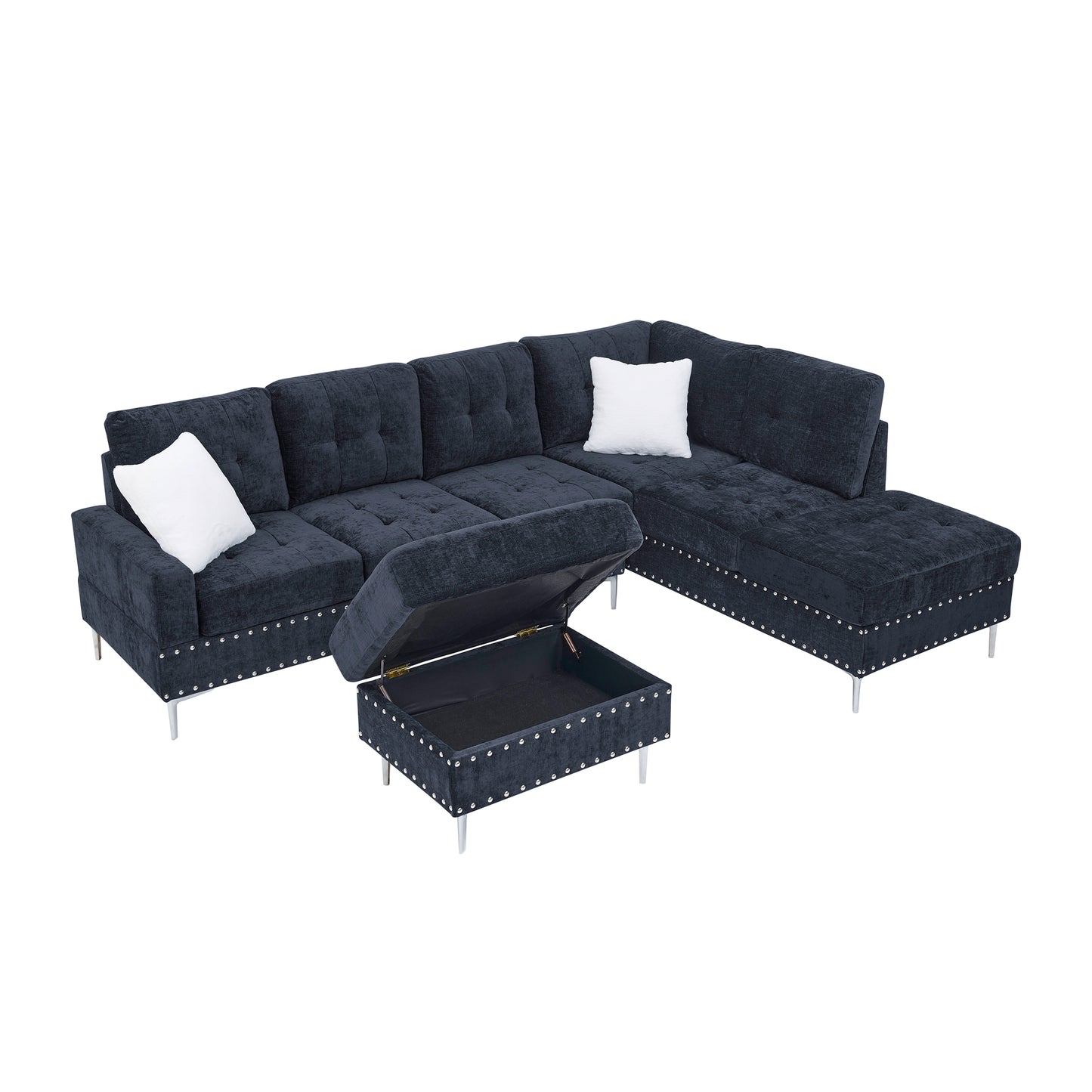Sectional 3-Seaters Sofa with Chaise, Storage Ottoman, Metal Legs and Copper Nails,Two White Pillows,Navy Bule(102" x 76" x35") image 7