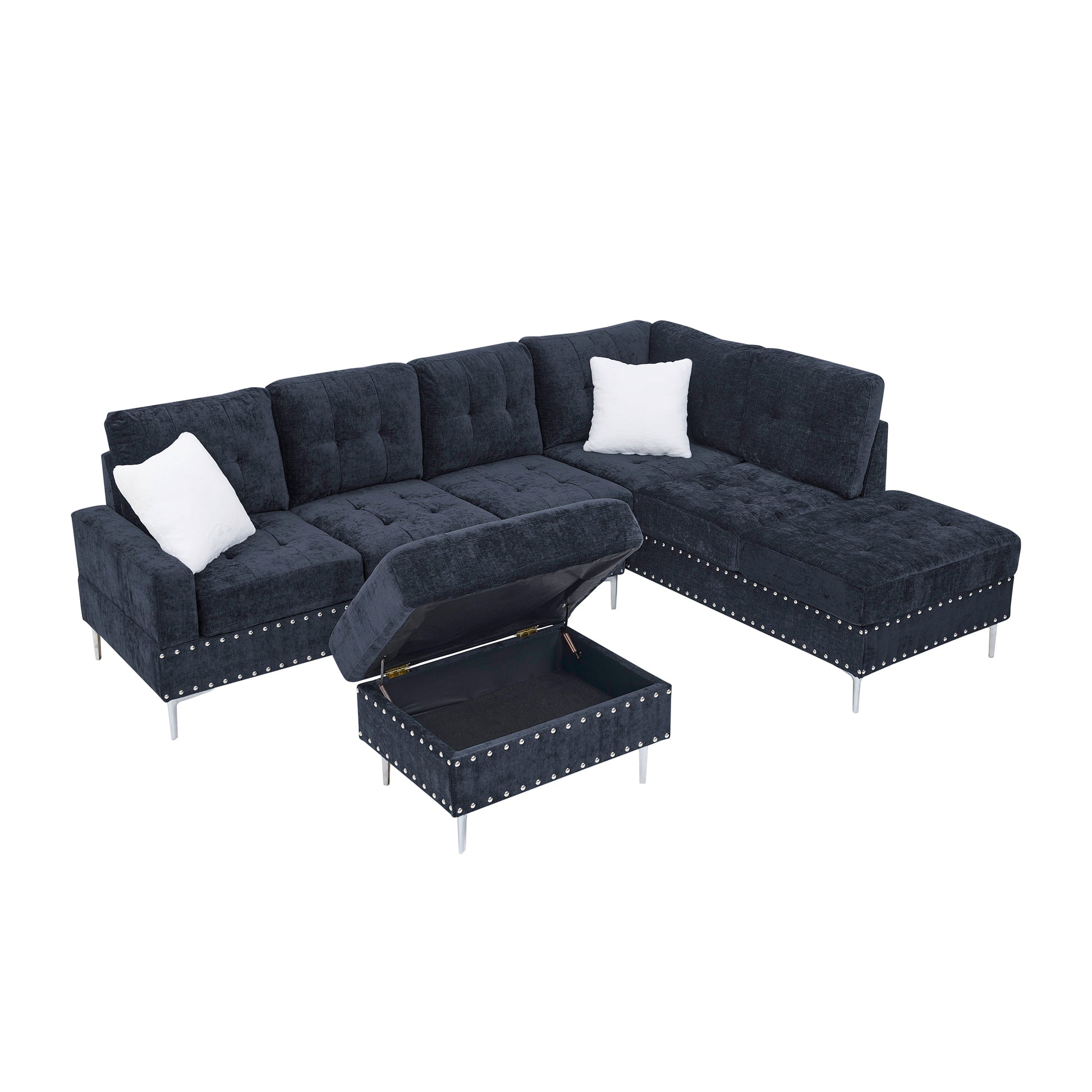 Sectional 3-Seaters Sofa with Chaise, Storage Ottoman, Metal Legs and Copper Nails,Two White Pillows,Navy Bule(102" x 76" x35") image 7