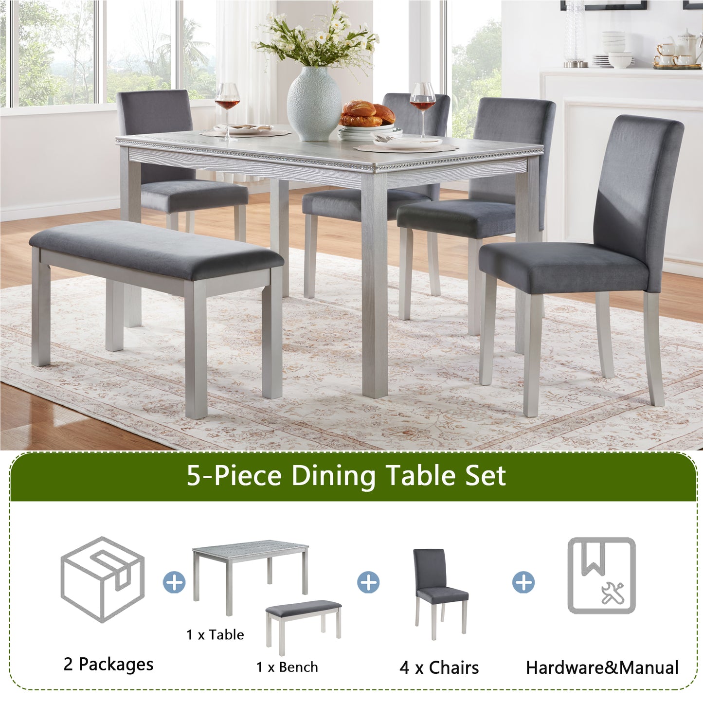 6 Piece Wooden Dining Table Set, Wooden Dining Table with 4 Upholstered Chairs and Bench for 6 People, Rectangular Dining Table Set with Crystal Decoration for Kitchen, Dining Room, Silver grey image 4