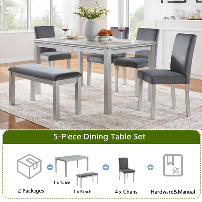 6 Piece Wooden Dining Table Set, Wooden Dining Table with 4 Upholstered Chairs and Bench for 6 People, Rectangular Dining Table Set with Crystal Decoration for Kitchen, Dining Room, Silver grey image 4