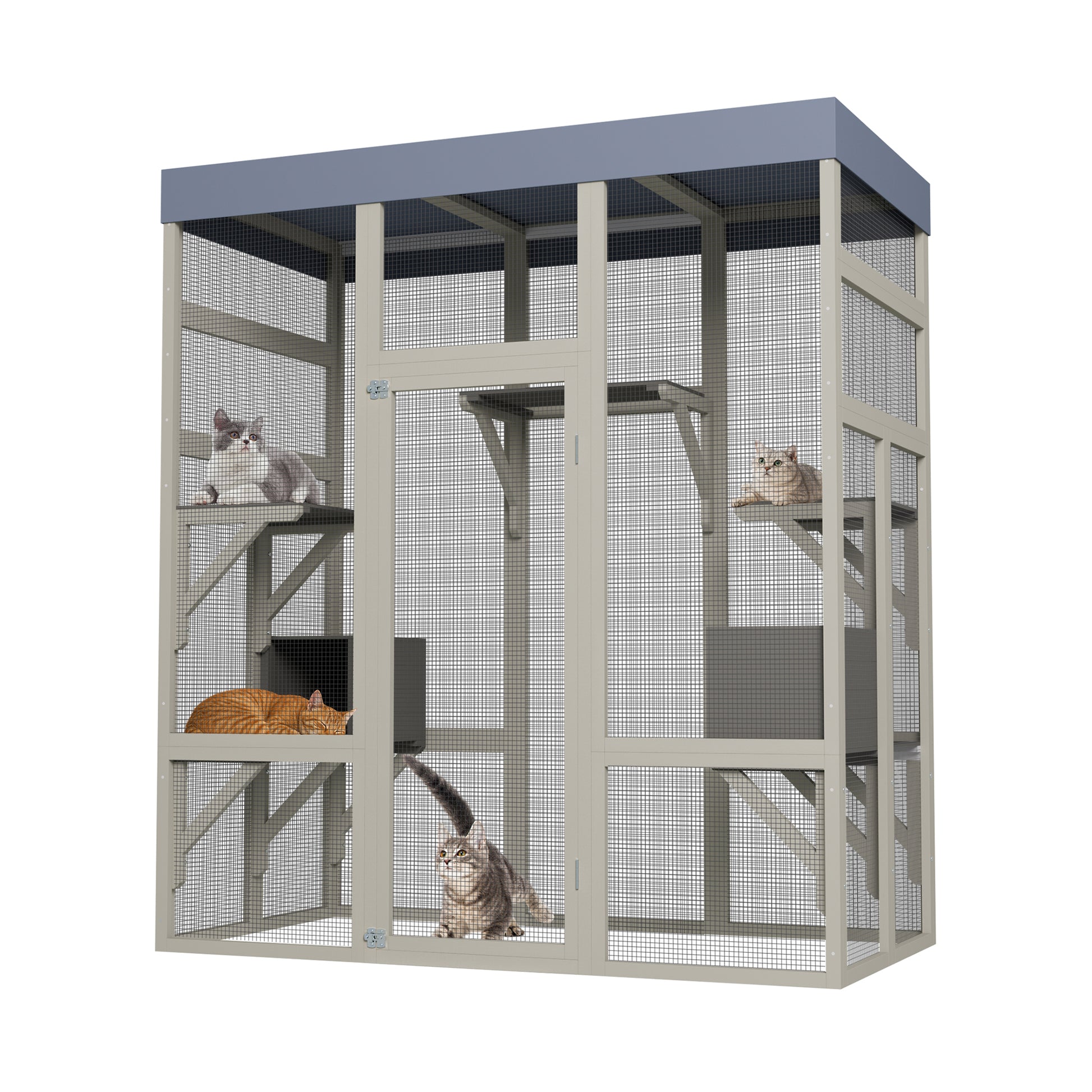62.6" Wooden Catio for Cats, Large Cat Enclosure with Waterproof cover, 2 Napping House, Platforms & Galvanized Metal Wire – Secure Pet Cage Shelter image 2