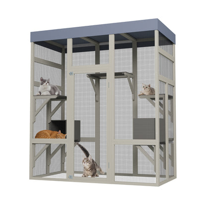 62.6" Wooden Catio for Cats, Large Cat Enclosure with Waterproof cover, 2 Napping House, Platforms & Galvanized Metal Wire – Secure Pet Cage Shelter image 2