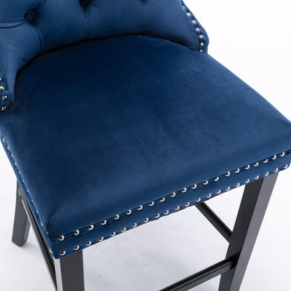 Contemporary Velvet Upholstered Barstools with Button Tufted Decoration and Wooden Legs, and Chrome Nailhead Trim, Leisure Style Bar Chairs,Bar stools, Set of 2 (Blue),SW2002BL image 7
