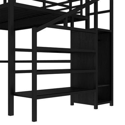 Queen Size Loft Bed with L-shaped Desk and USB, Metal Loft Bed with Wardrobe and Adjustable Shelf, High Loft Bed with LED for Kids Teens Adults, Black image 12