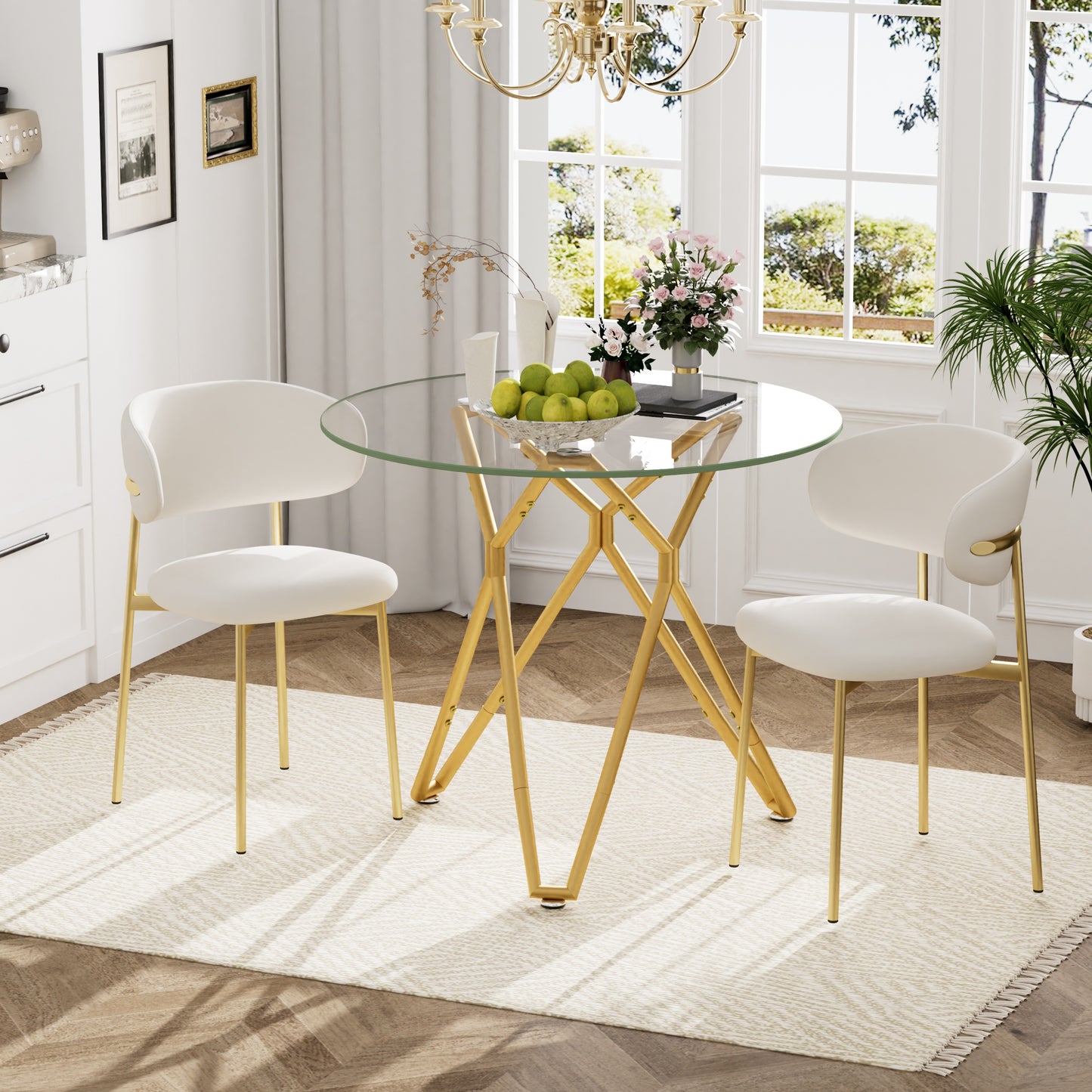 35.4-inch round tempered glass dining table, suitable for 1-4 people, space-saving small kitchen dining table, equipped with sturdy metal table legs, suitable for dining room, living room,Gold image 4