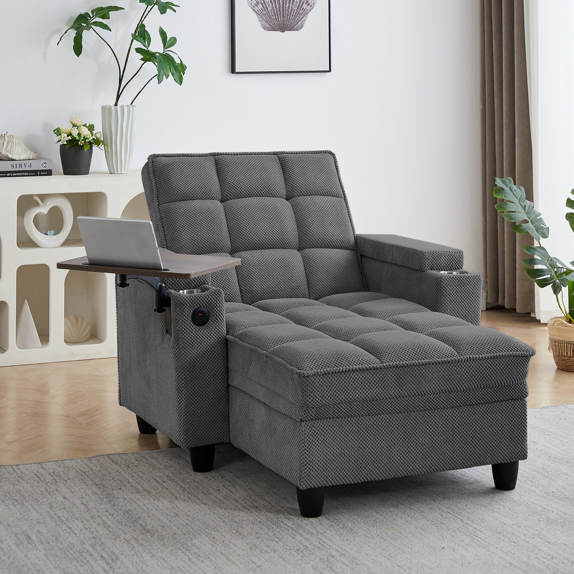 Dark Grey Chaise Lounge Sofa,Sleeper Chair Bed with 6-Position Adjustable Backrest,USB Ports, Cup Holder and Swivel Side Table image 1