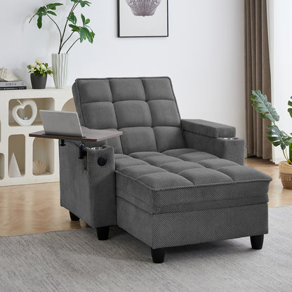 Dark Grey Chaise Lounge Sofa,Sleeper Chair Bed with 6-Position Adjustable Backrest,USB Ports, Cup Holder and Swivel Side Table image 1