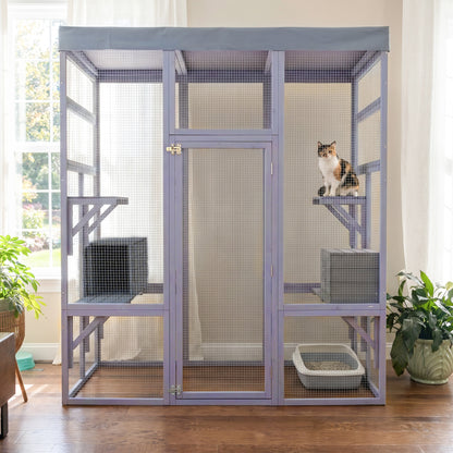 62.6" Wooden Outdoor Catio for Cats, Large Cat Enclosure with Waterproof Roof, 2 Napping House, Platforms & Galvanized Wire – Pet Cage for Backyard or Patio image 4