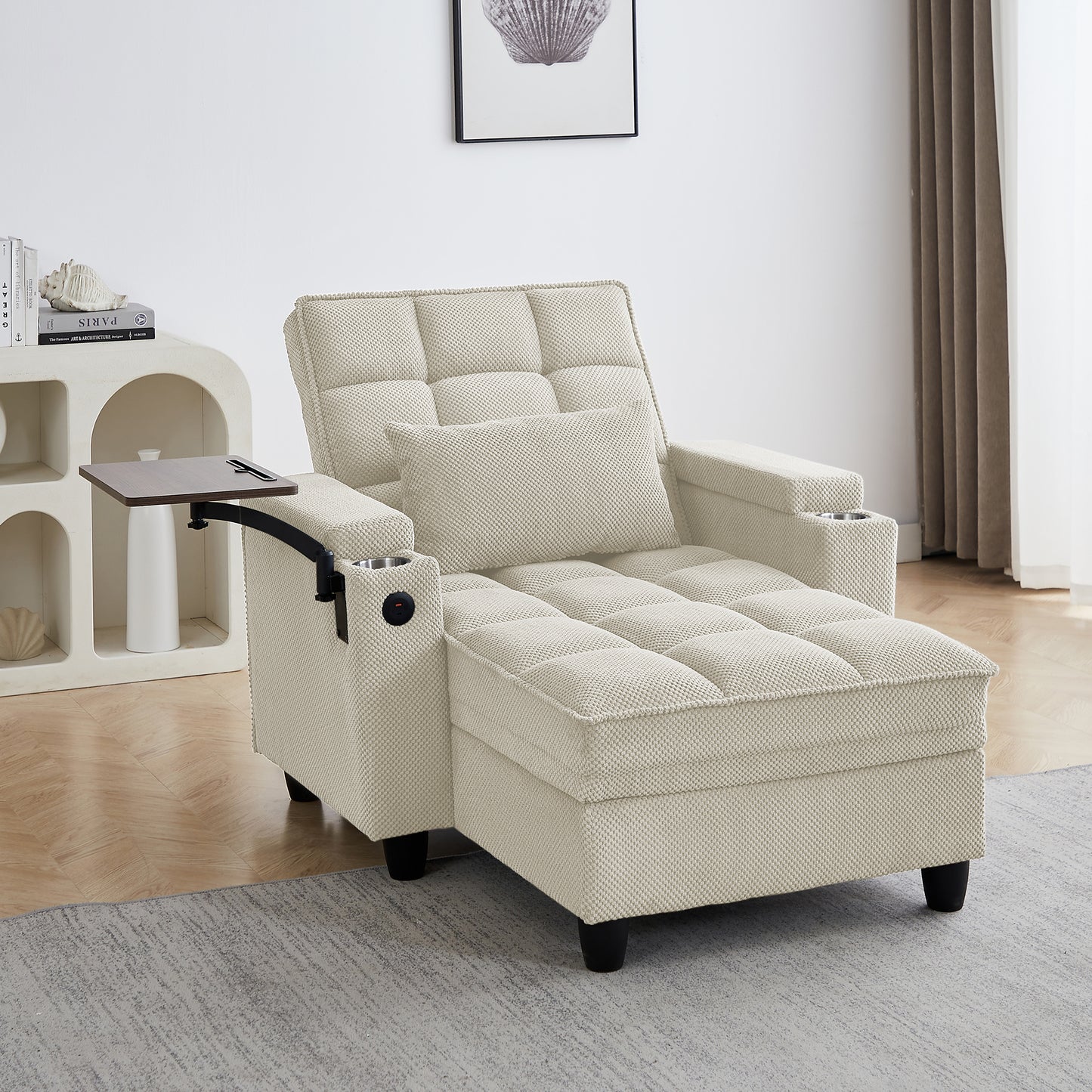Beige Chaise Lounge Sofa,Sleeper Chair Bed with 6-Position Adjustable Backrest,USB Ports, Cup Holder and Swivel Side Table image 5