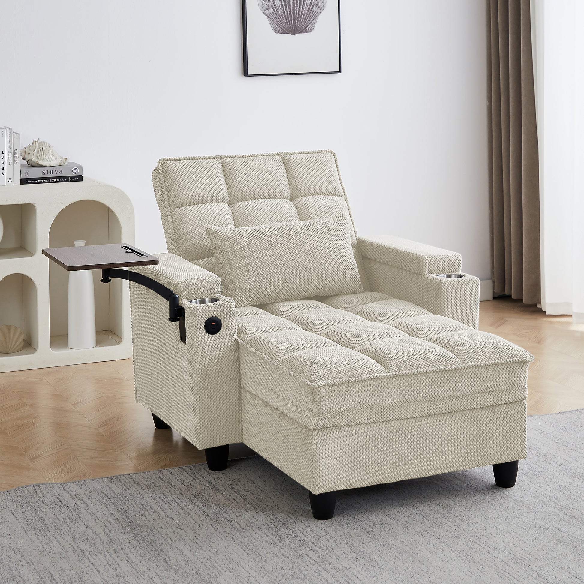 Beige Chaise Lounge Sofa,Sleeper Chair Bed with 6-Position Adjustable Backrest,USB Ports, Cup Holder and Swivel Side Table image 5