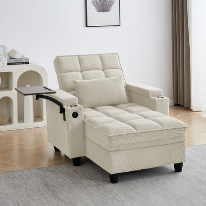 Beige Chaise Lounge Sofa,Sleeper Chair Bed with 6-Position Adjustable Backrest,USB Ports, Cup Holder and Swivel Side Table image 5