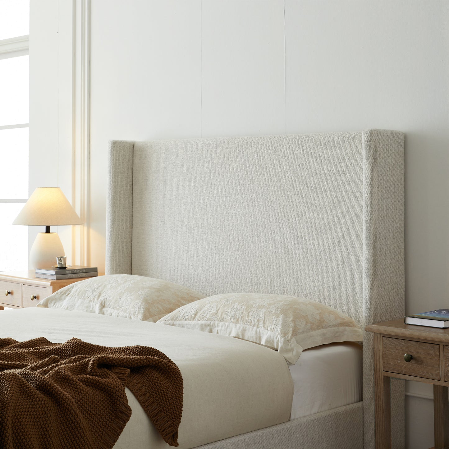 Hosford Upholstered Wingback Bed / Upholstered Wood Base Platform Bed / 52.5" High Headboard / Minimalist / Rusticity / No Box Spring Needed / King / Cream White Boucle / No Noise image 3