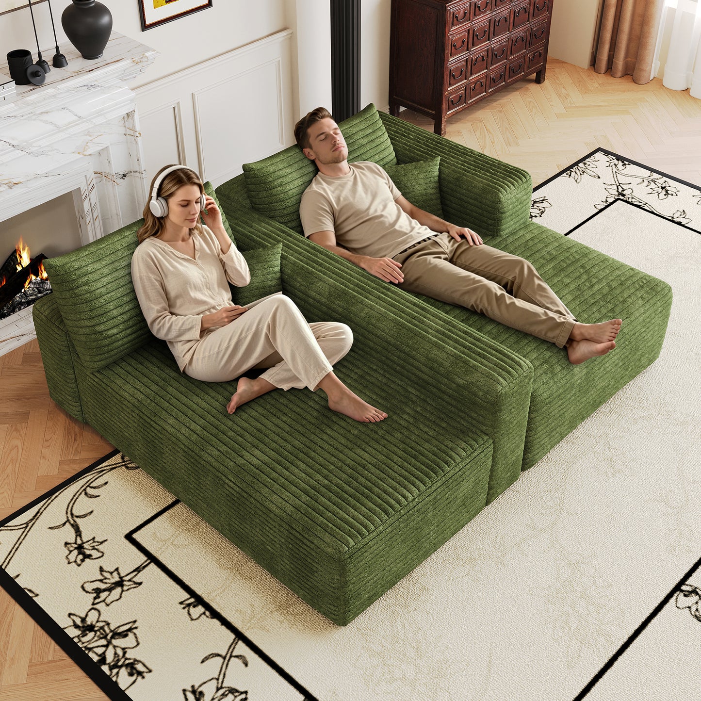 103" Cloud Sectional Sofa,Modern Minimalist Upholstered Couches, Comfort L Shaped Sofa for Living Room,Deep Seat Corner Couch,No Assembly Required,Green(Plush Corduroy Fabric) image 3