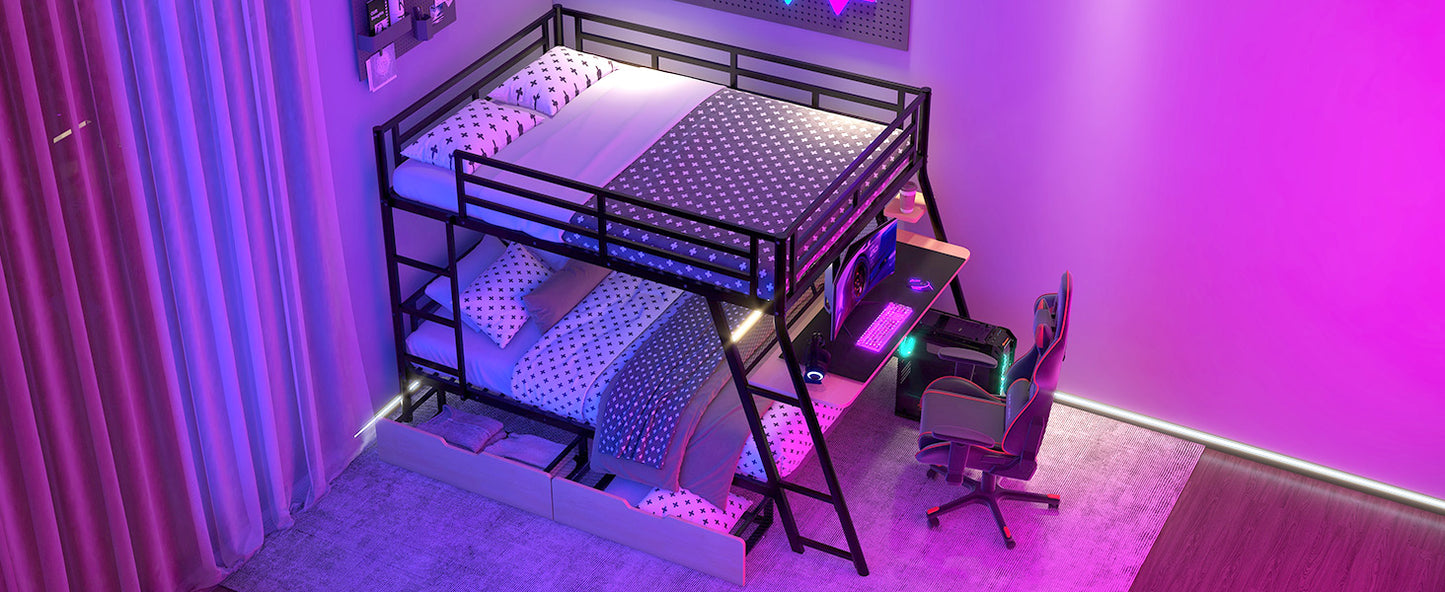 Full Size Metal Bunk Bed with Built-in Desk, Light and 2 Drawers, Black image 9