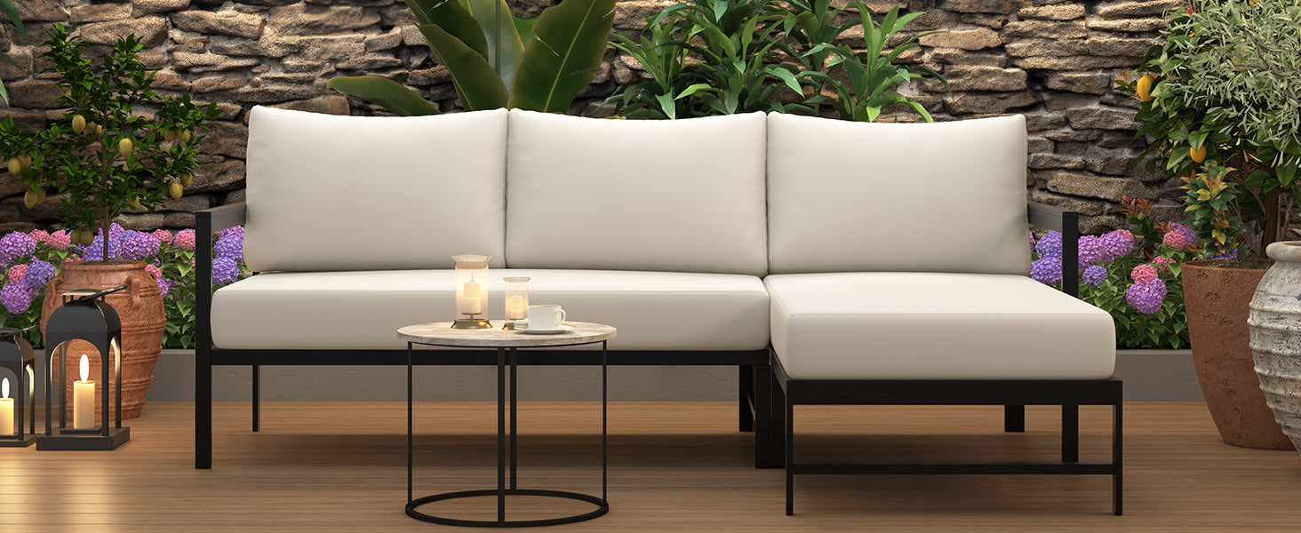 U_style Outdoor L-Shaped Sofa with Iron Frame,Weather-Resistant Patio Sofa Set with Ultra-Thick Cushions,Comfortable Seating for 3,Ideal for Patio, Balcony,and Garden image 4
