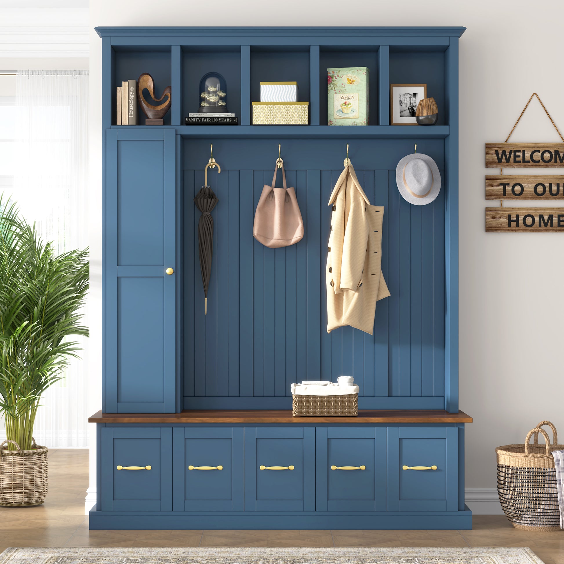 U-Can Entryway Hall Tree with Coat Hooks, Shoe Bench & Drawer Storage Cabinet image 2