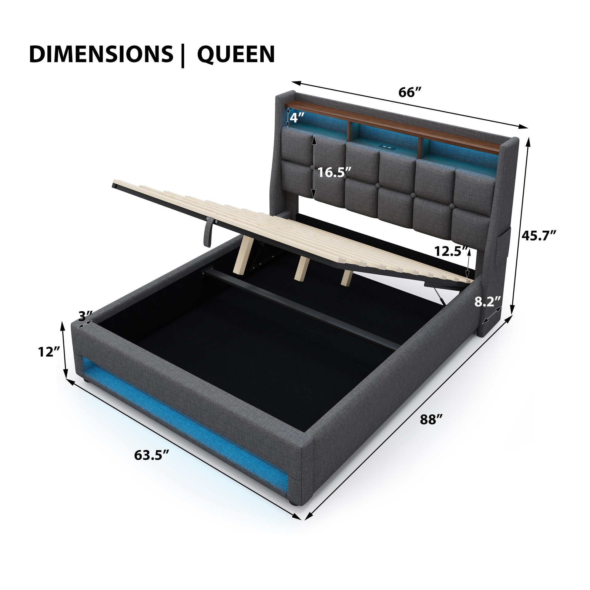 (=AA20690910G) Queen size Upholstered Platform bed with a Hydraulic Storage System, LED and Charging Station, No Box Spring Needed, Easy Assembly, Noise-Free, Grey (without mattress) image 5