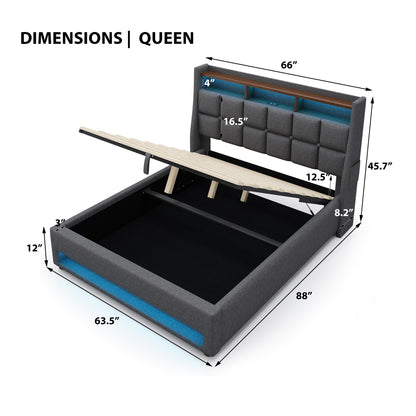 (=AA20690910G) Queen size Upholstered Platform bed with a Hydraulic Storage System, LED and Charging Station, No Box Spring Needed, Easy Assembly, Noise-Free, Grey (without mattress) image 5