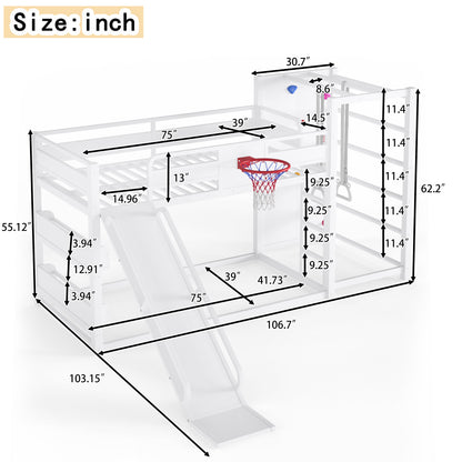 Twin size metal loft/bunk bed with basketball hoop, pull-up rings, climbing wall, and built-in bookshelves. Playful children's design featuring a slide,White image 4