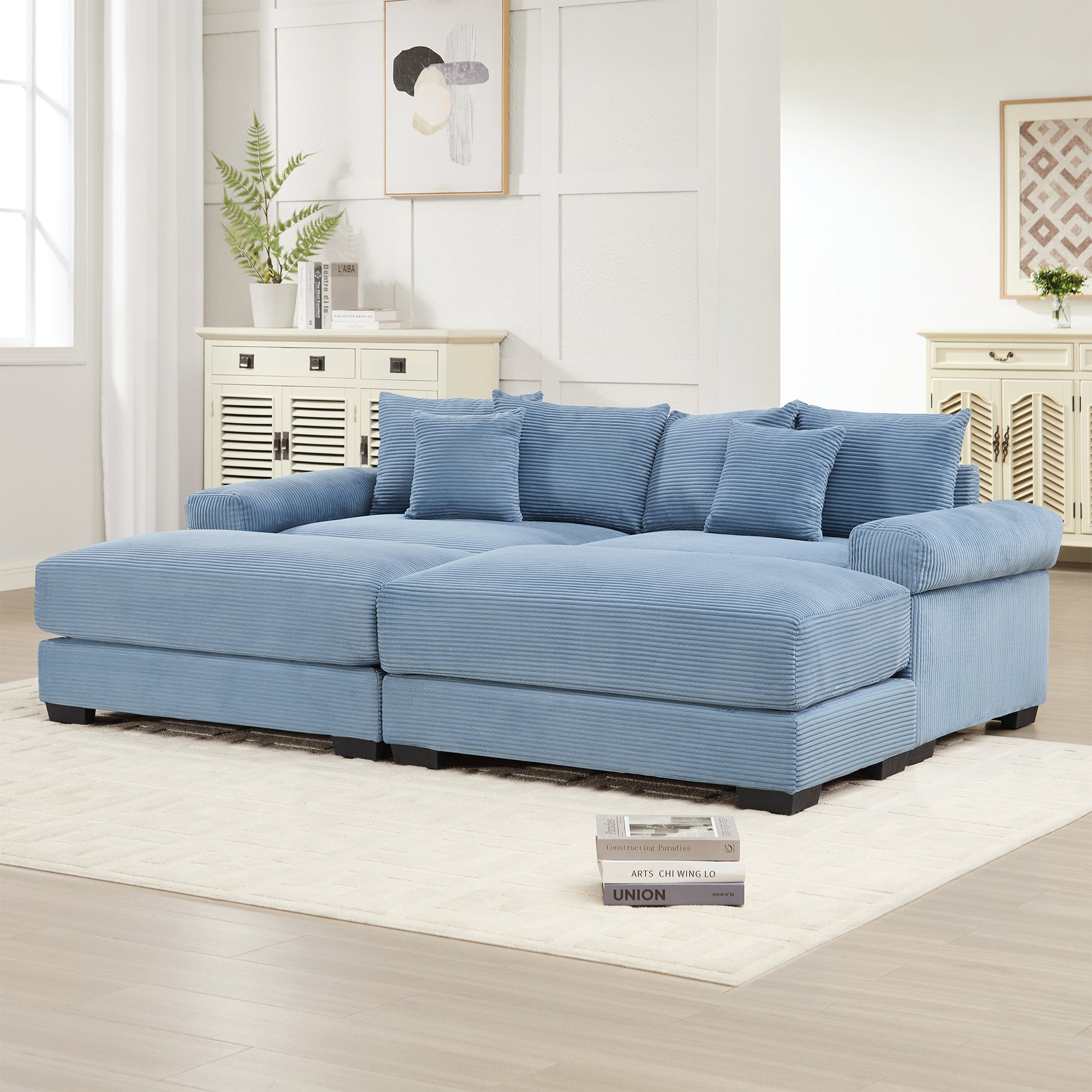 82.6" Oversized Cloud Modular Sectional Couch, Soft Corduroy Fabric With An Ottoman,Deep Seat Wide Armrests, Ergonomic Design Easy Assembly,Soft Corduroy,For Living Rooms Lounges,Blue image 2