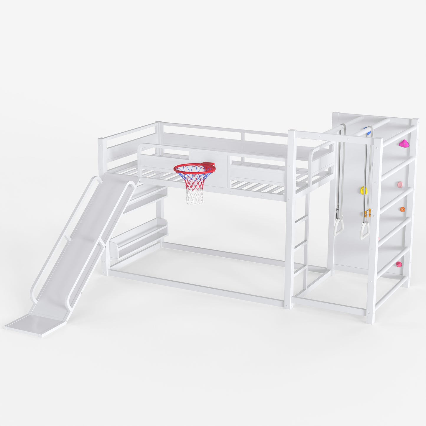 Twin size metal loft/bunk bed with basketball hoop, pull-up rings, climbing wall, and built-in bookshelves. Playful children's design featuring a slide,White image 7
