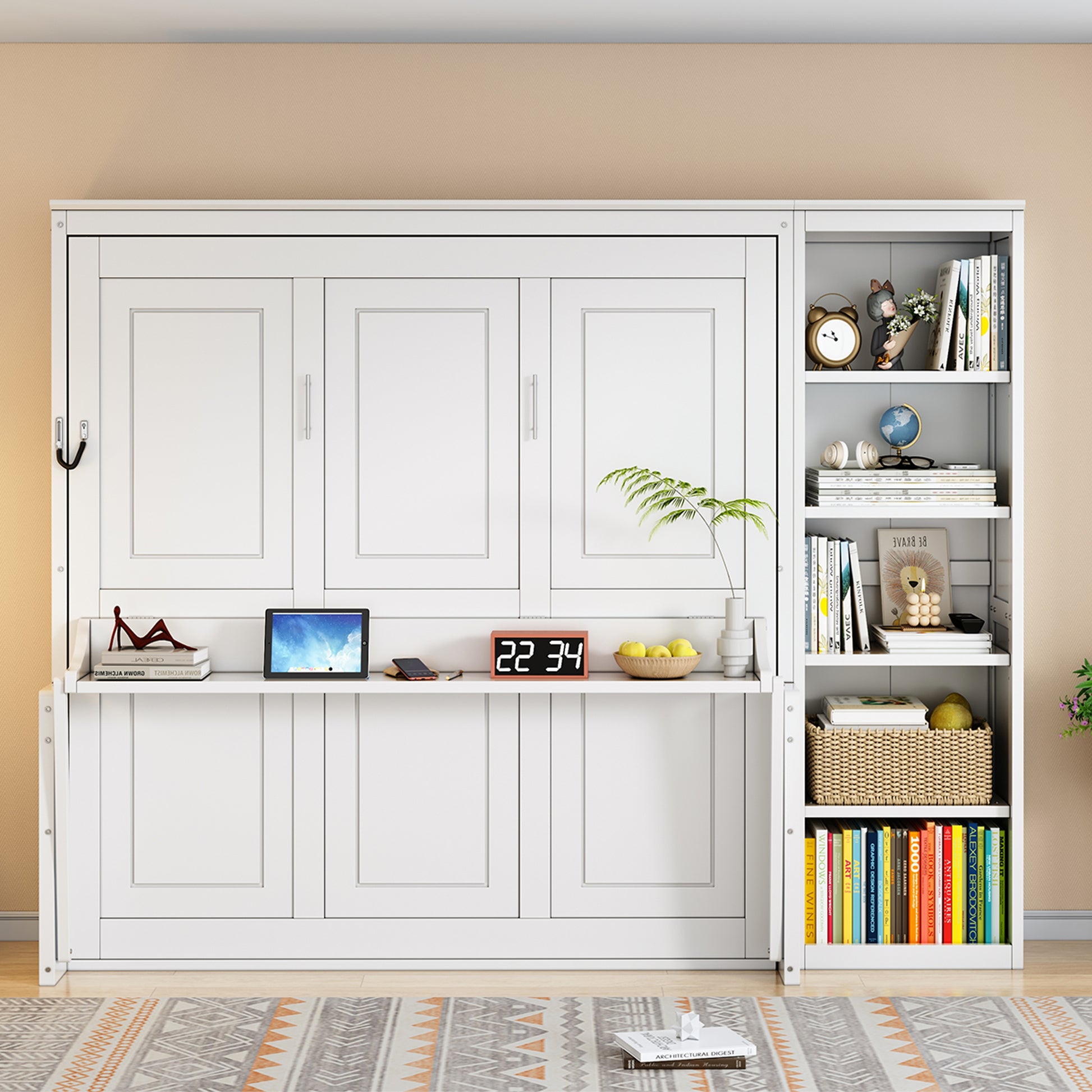 Queen Size Murphy Bed with Desk and Bookshelf, White image 1