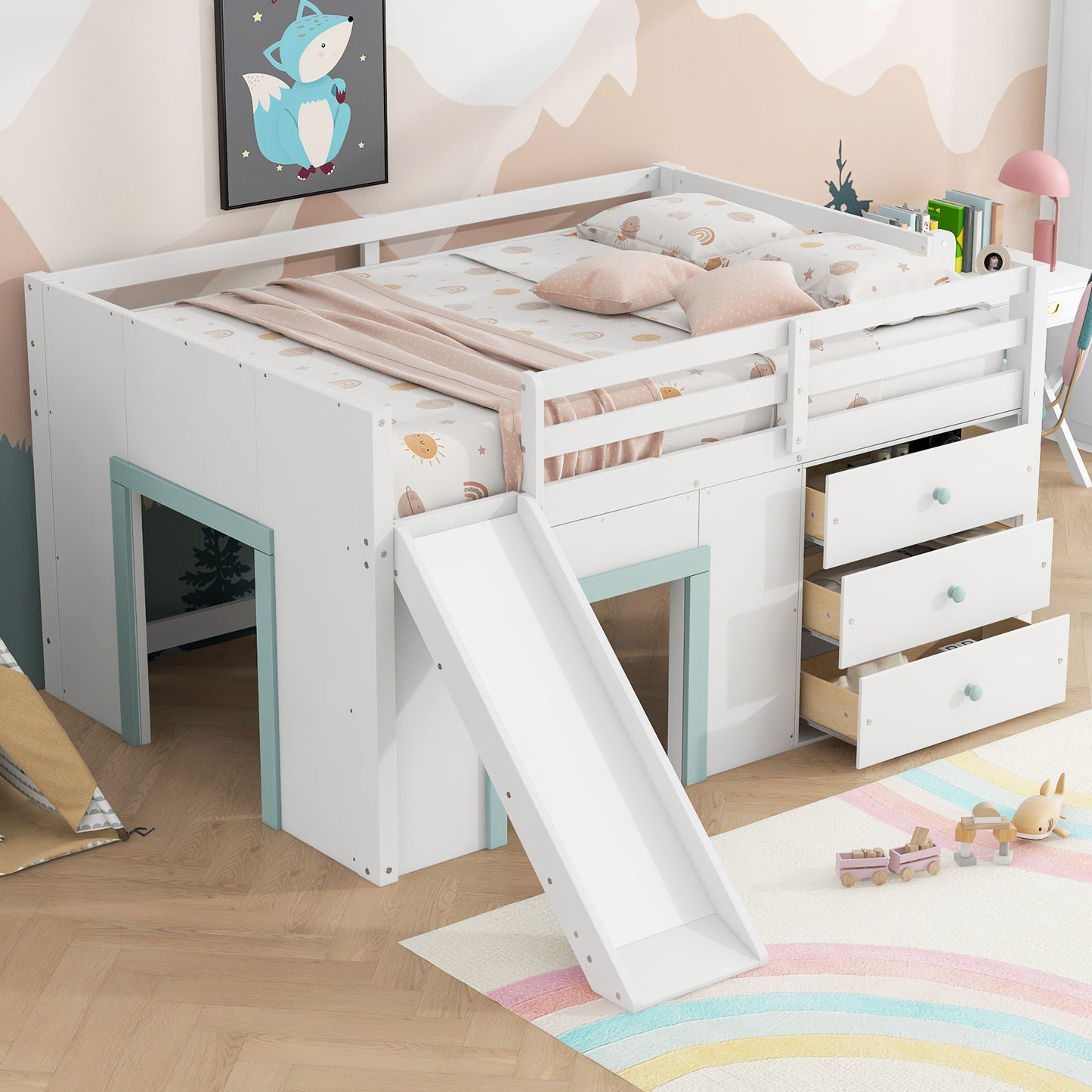Full Size Low Loft Bed with Slide,Three Storage Drawers and Two Doors,White image 1