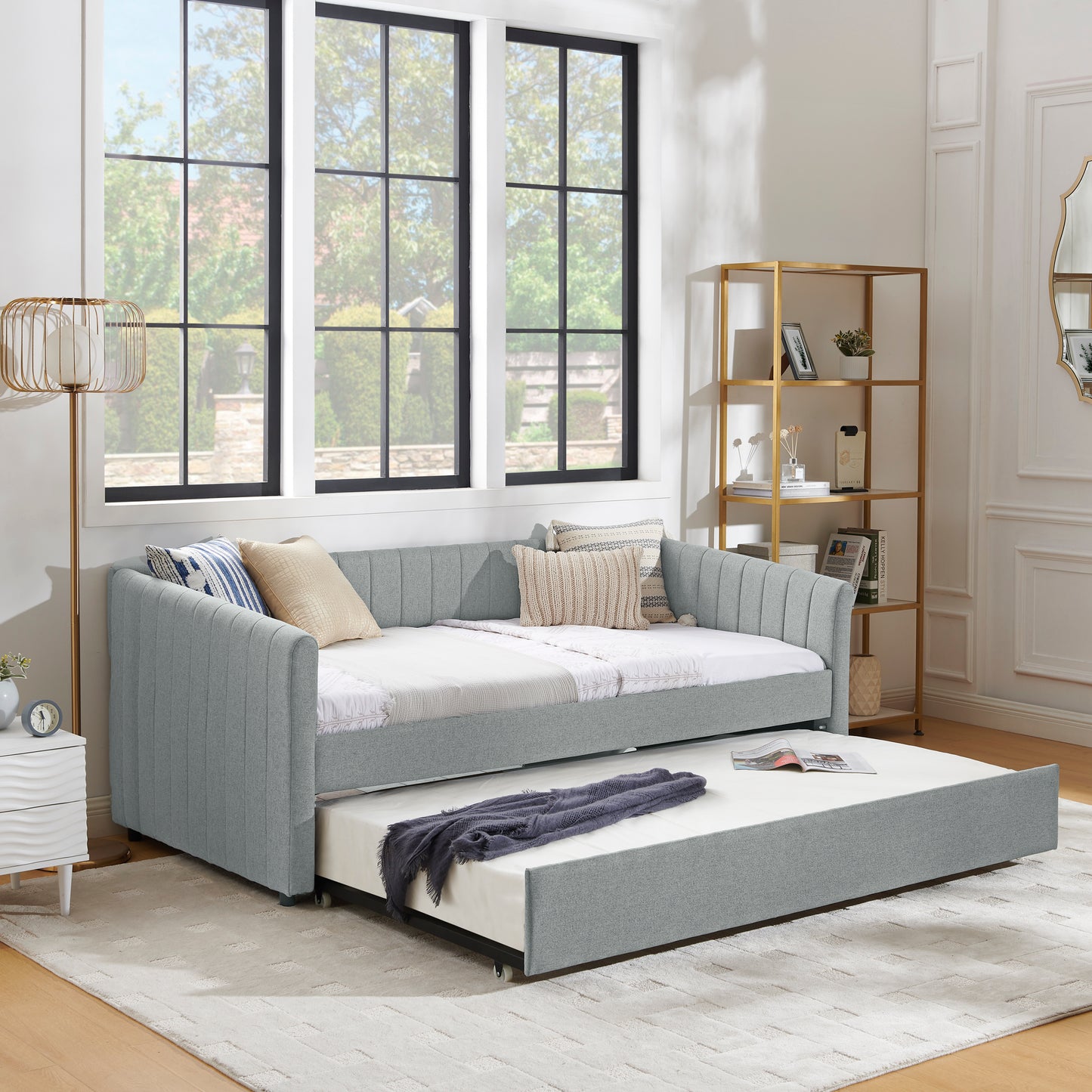 Twin Size Daybed with Trundle Upholstered Sofa Bed, with Vertical Stripes, Linen Fabric, Grey (82.5"x43"x30") image 3