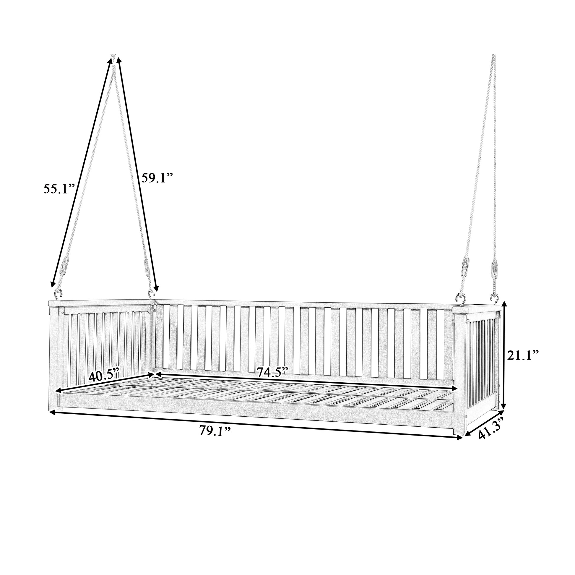 TOPMAX Patio Minimalist Twin Size Garden Swing Bed Wood Porch Swing with Ropes for Backyard, Safe Sloped Design, White image 9