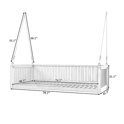 TOPMAX Patio Minimalist Twin Size Garden Swing Bed Wood Porch Swing with Ropes for Backyard, Safe Sloped Design, White image 9