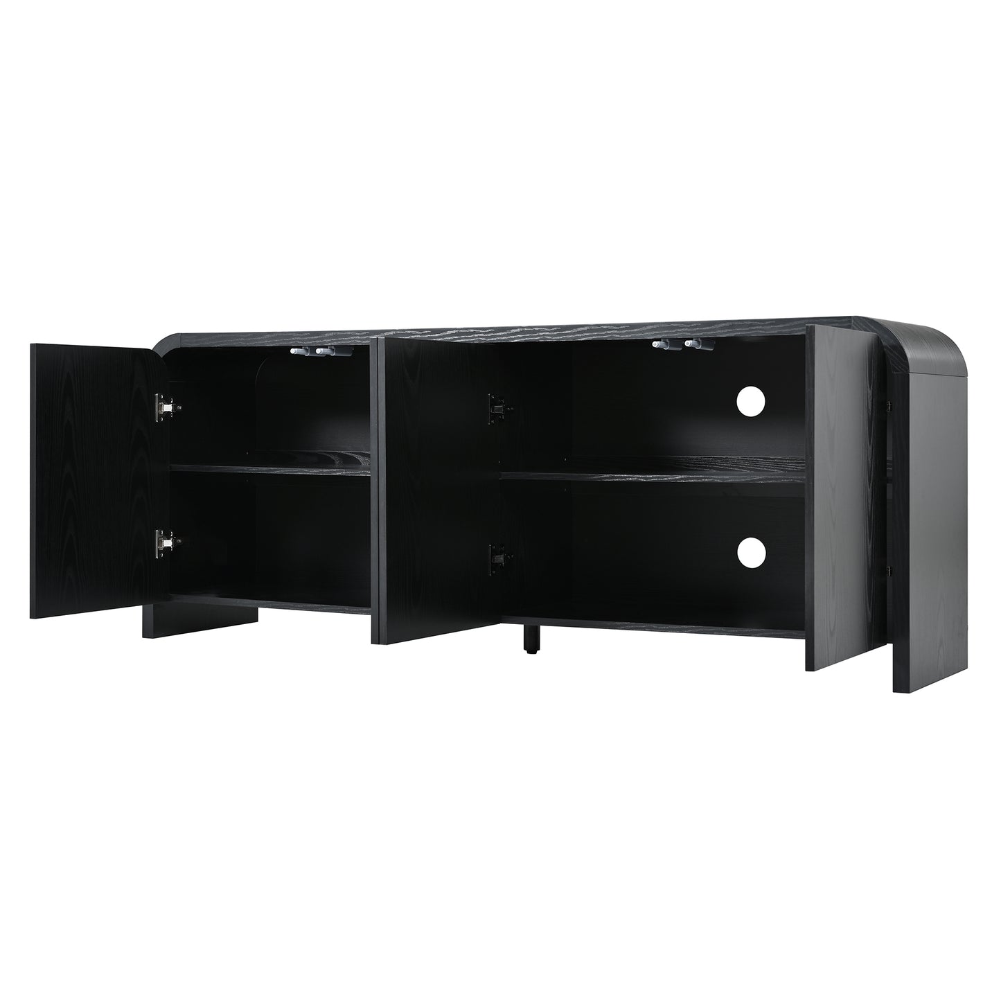 Farmhouse Curved Edge TV Stand with Large Cabinets for TVs up to 70", Minimalist Wood Grain Media Console with Cable Management, Mid Century TV Cabinet with Adjustable Shelves for Living Room, Black image 10