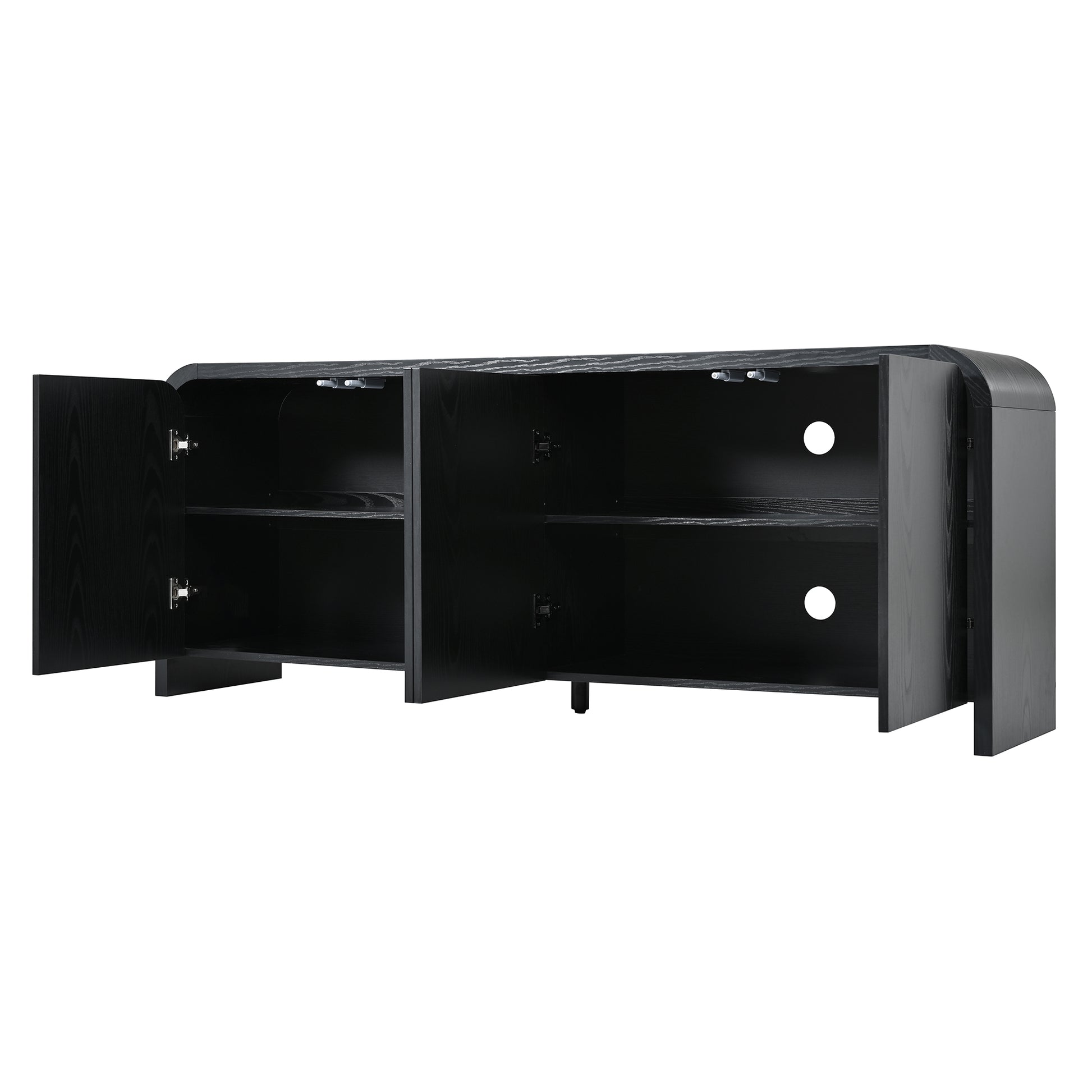 Farmhouse Curved Edge TV Stand with Large Cabinets for TVs up to 70", Minimalist Wood Grain Media Console with Cable Management, Mid Century TV Cabinet with Adjustable Shelves for Living Room, Black image 10