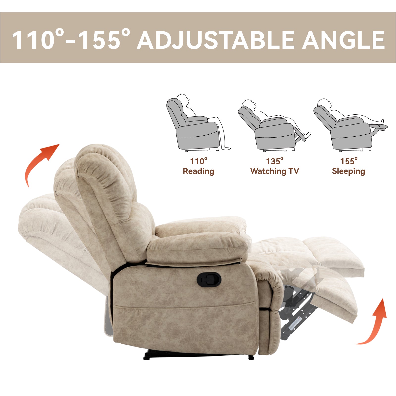 Large Manual Recliner Chair in Fabric for Living Room, Beige image 5